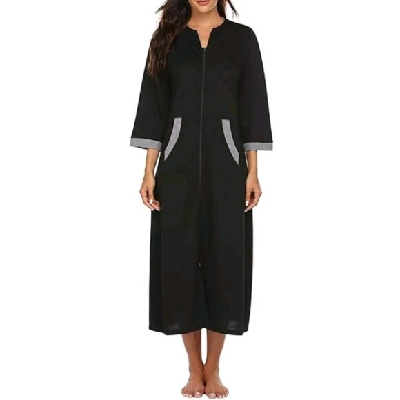 Ekouaer Women XL Zipper Robe 3/4 Sleeve Loungewear Full Length Duster Black Gray - Picture 4 of 7